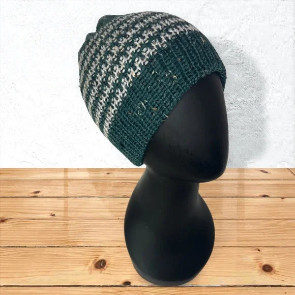 Handmade Alpaca Tweed Striped Knit Beanie Handcrafted Loch Ness w/ Highland Fog - Picture 3 of 10